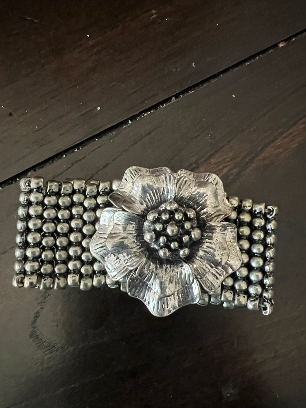 Silver Floral Beaded Stretch Bracelet